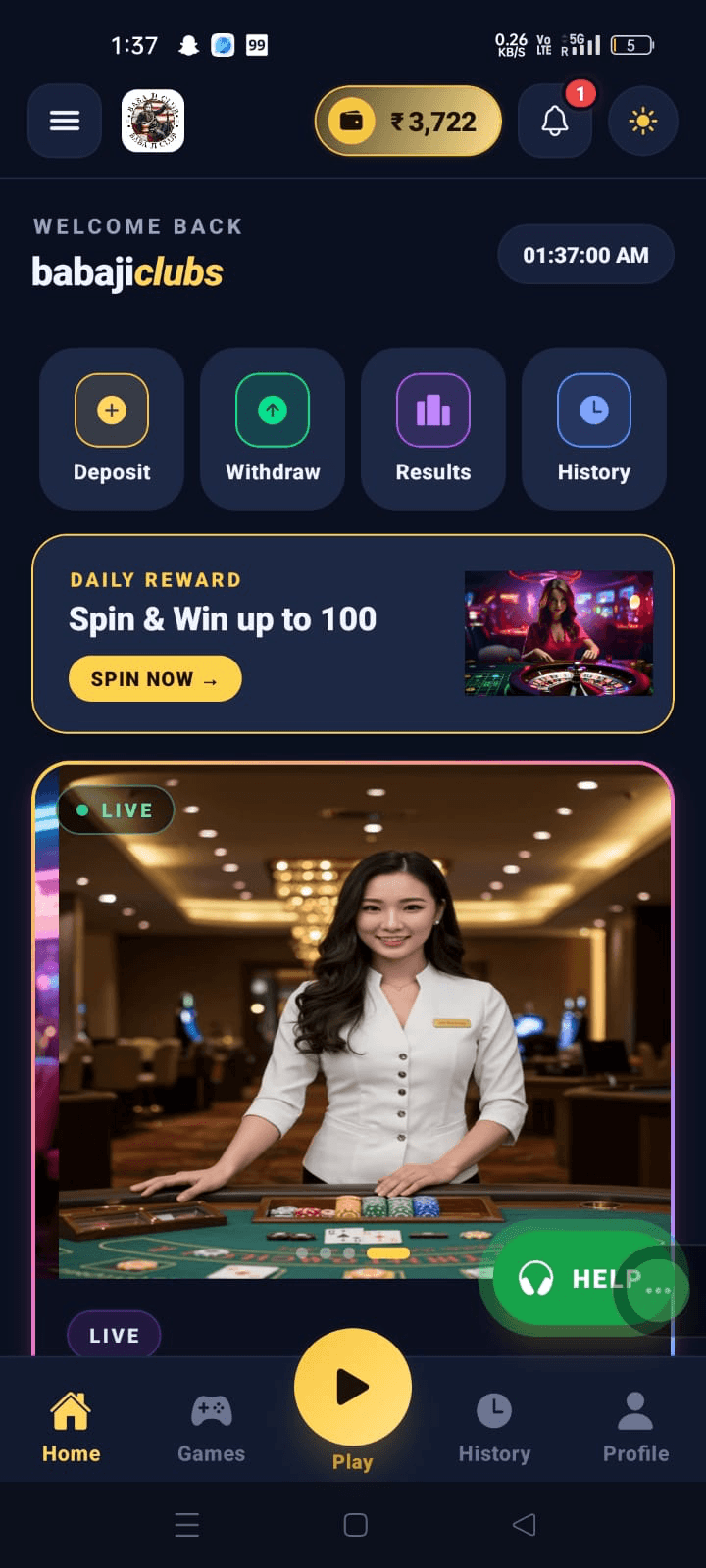 BabaJiClubs home — wallet, quick actions and Spin & Win
