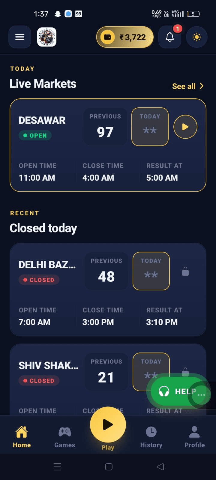 Live markets list — DESAWAR open with timings, closed markets below