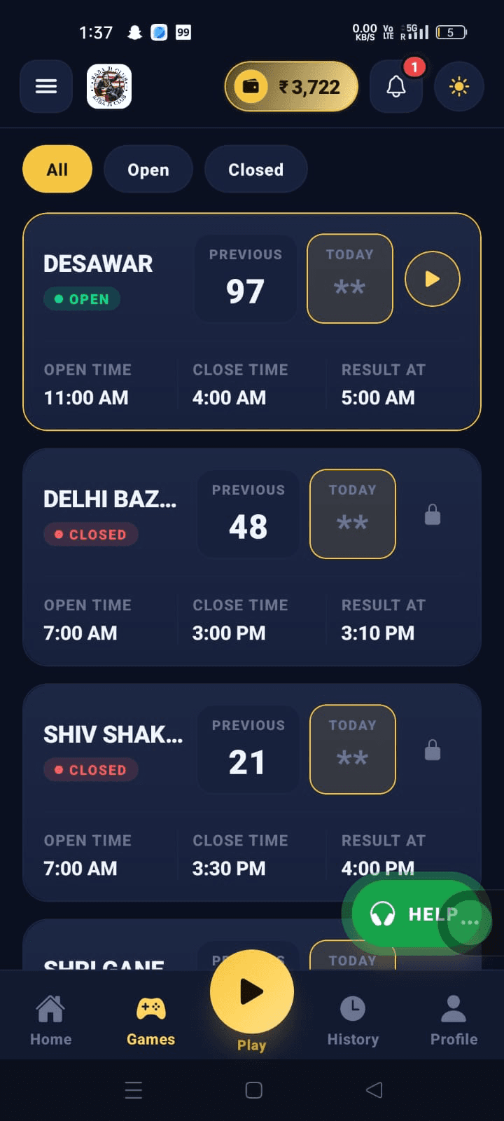 All / Open / Closed market filters with DESAWAR, DELHI BAZAR and SHIV SHAKTI