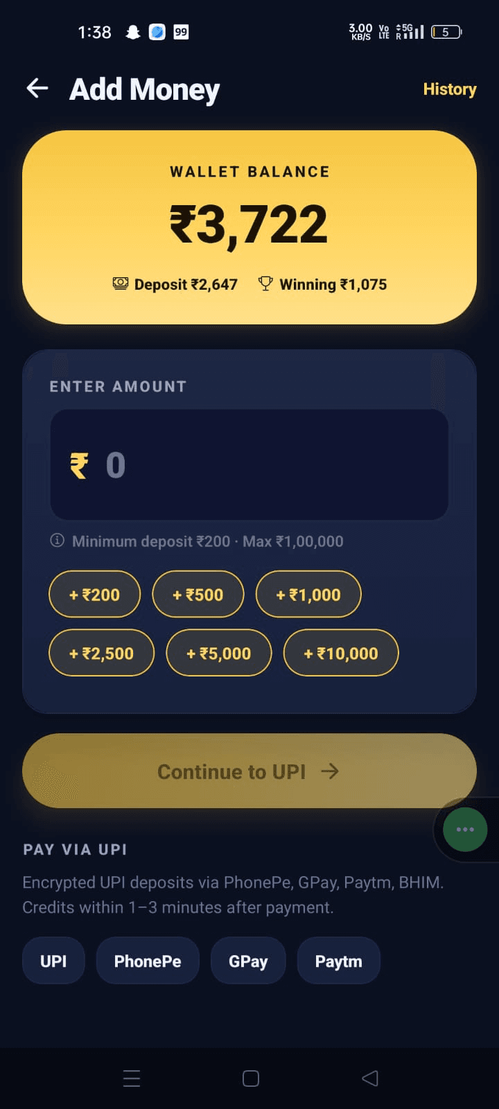 Add Money screen — UPI deposit via PhonePe, GPay, Paytm, BHIM