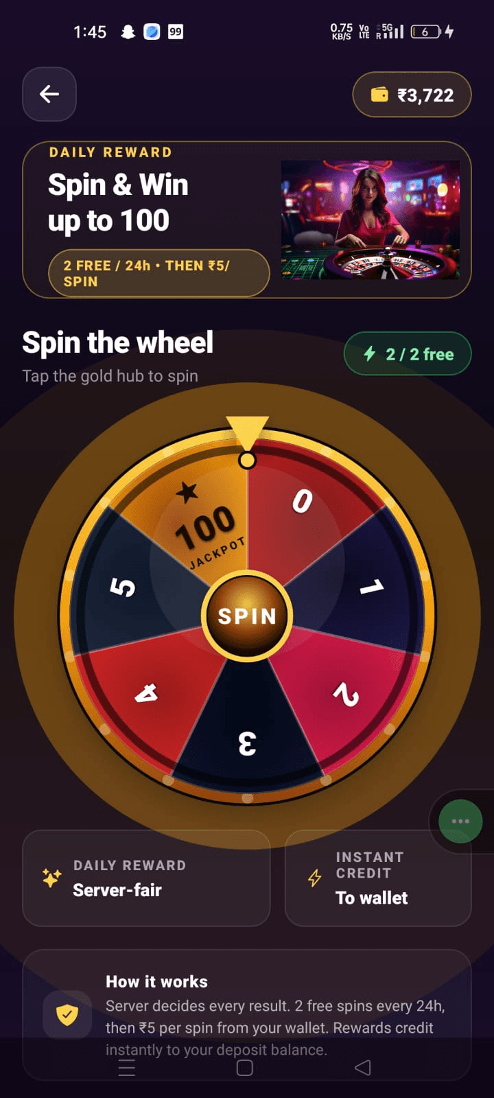 Spin & Win — server-fair daily wheel with up to 100× jackpot, 2 free spins every 24 hours